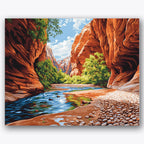 Paint by numbers design of canyon, river, vibrant red rocks, clear blue sky
