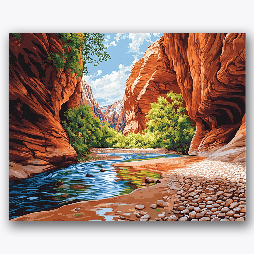 Paint by numbers design of canyon, river, vibrant red rocks, clear blue sky