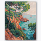 Paint by numbers design of rocky cliffs, sailboat, tall pine trees, vibrant greenery