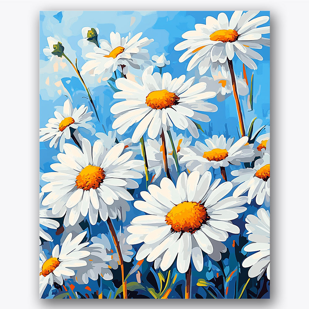 Paint by numbers design of daisies, blue sky, white petals, yellow centers