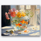 Paint by numbers design of goldfish, flowers, goldfish in bowl, vibrant flowers