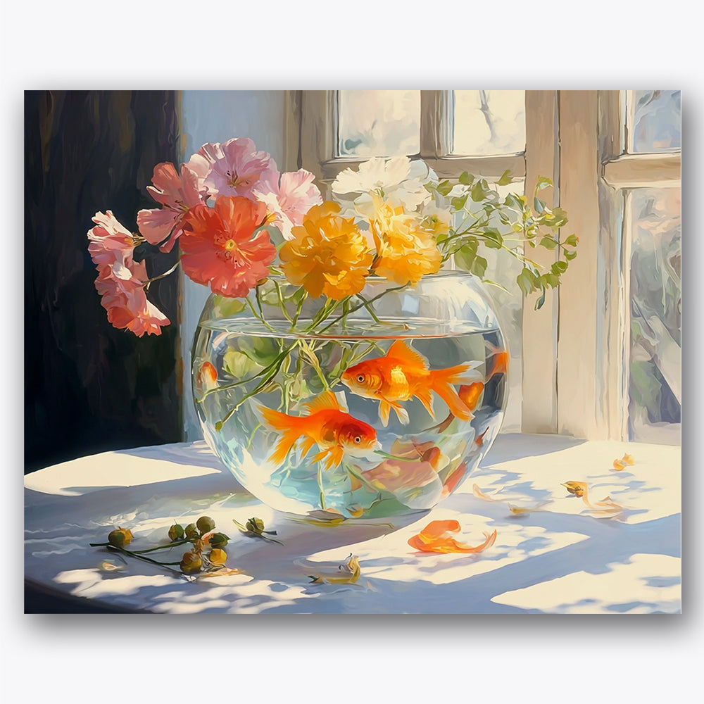 Paint by numbers design of goldfish, flowers, goldfish in bowl, vibrant flowers