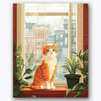 Paint by numbers design of kitten, cityscape, orange and white fur, potted green plants