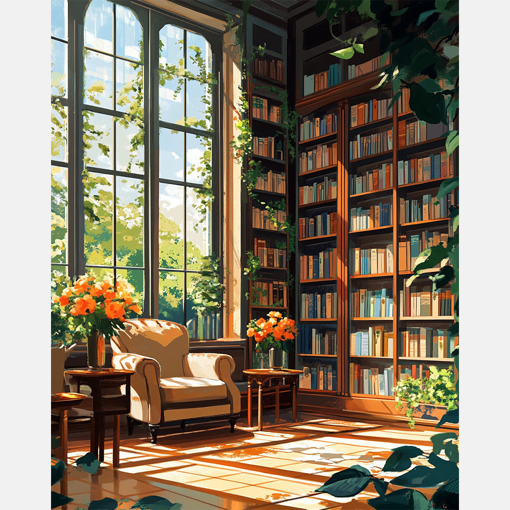 Sunlit Library Corner Paint by Numbers Kit design preview showing the full artwork layout before painting