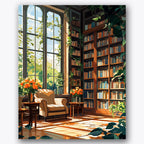 Paint by numbers design of library corner, sunlight and plants, tall windows, armchair by shelves