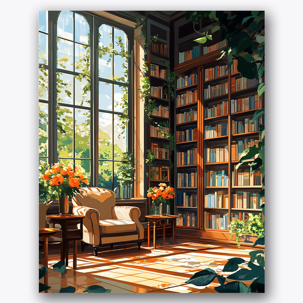 Paint by numbers design of library corner, sunlight and plants, tall windows, armchair by shelves