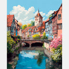 Sunlit Village Reflections Paint by Numbers Kit design preview showing the full artwork layout before painting