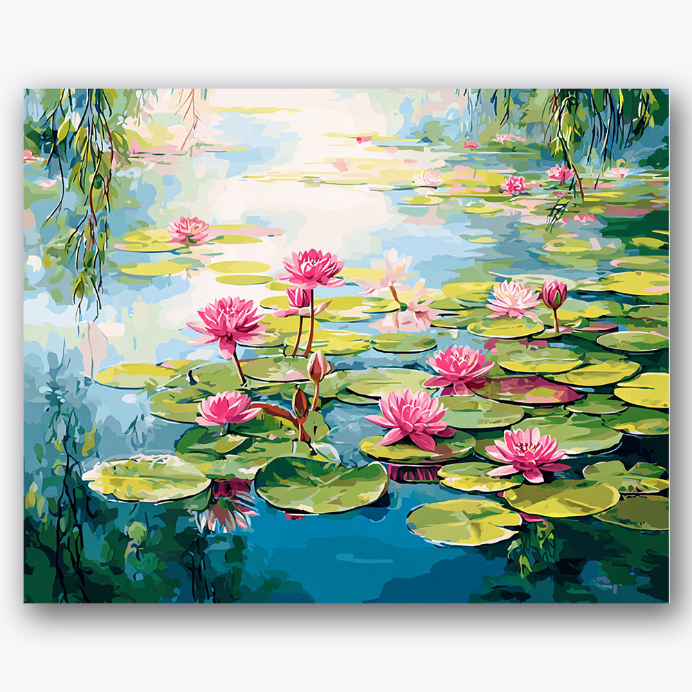 Paint by numbers design of water lilies, lily pads, pink water lilies, green lily pads