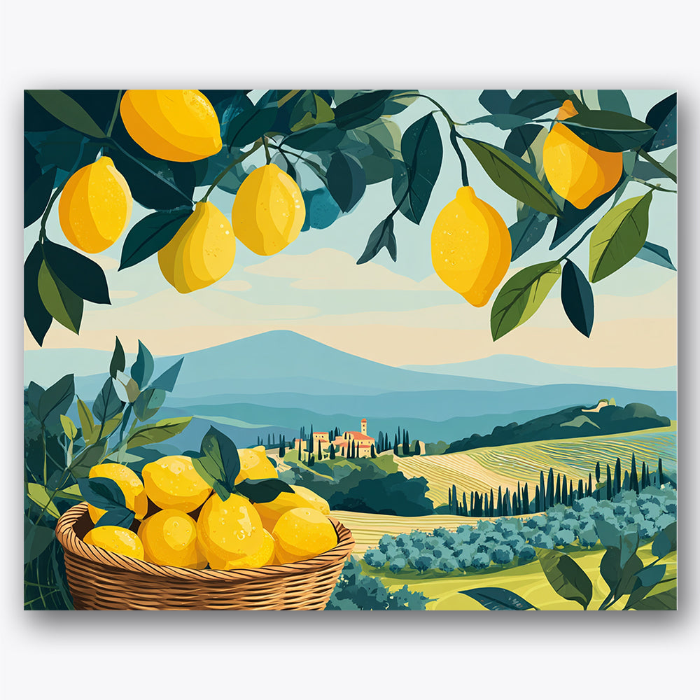 Paint by numbers design of lemons, rolling countryside, hanging lemons, rolling green hills