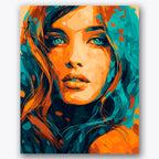 Paint by numbers design of woman's face, vibrant colors, vivid turquoise eyes, flowing orange hair