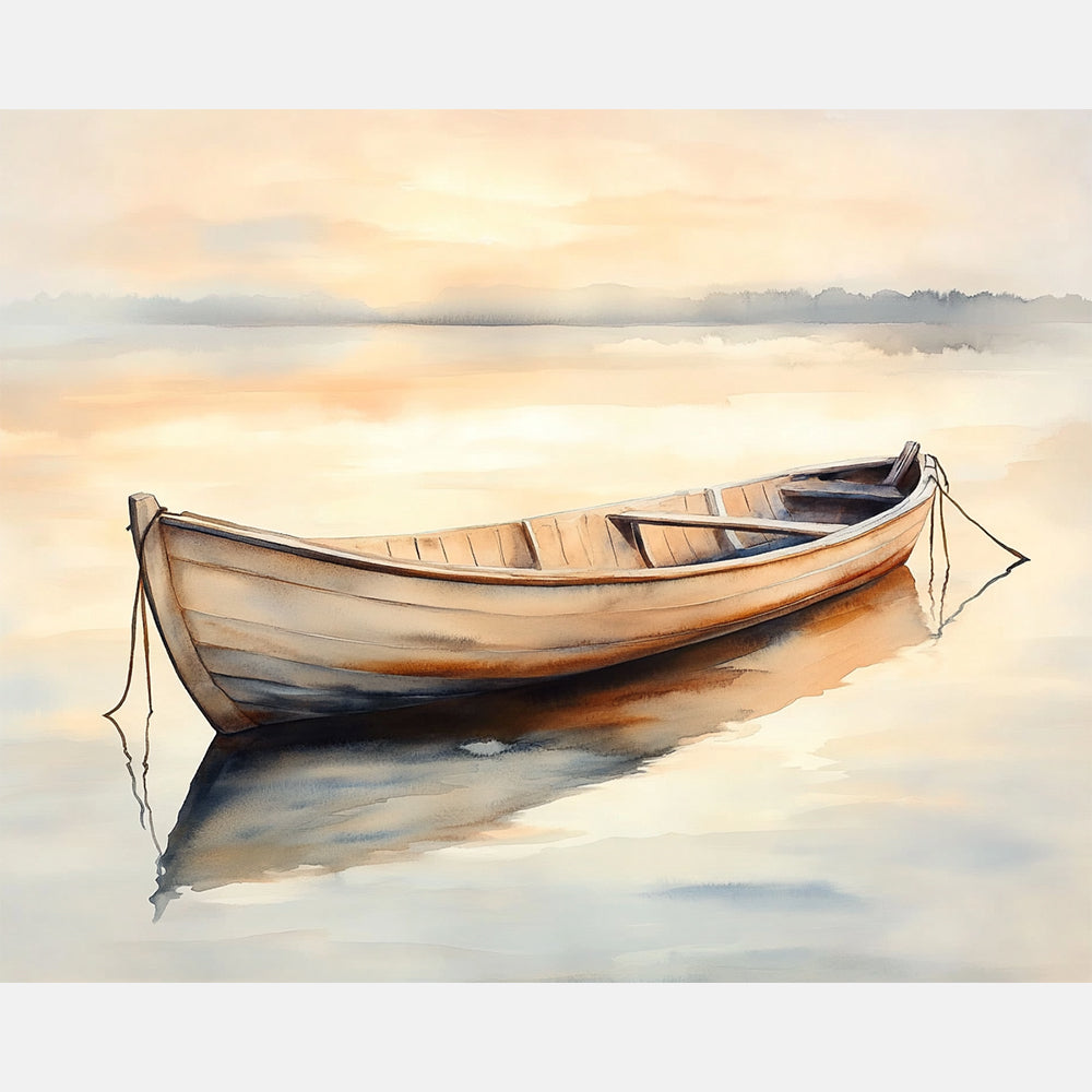 Sunrise Reflection Boat Paint by Numbers Kit design preview showing the full artwork layout before painting