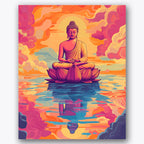 Paint by numbers design of Buddha, lotus, vibrant sunset hues, detailed lotus petals