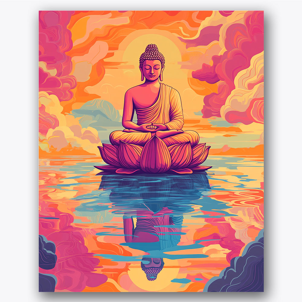 Paint by numbers design of Buddha, lotus, vibrant sunset hues, detailed lotus petals