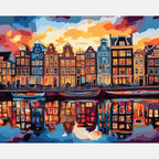 Sunset Canal Reflections Paint by Numbers Kit design preview showing the full artwork layout before painting