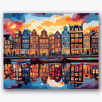 Paint by numbers design of canal houses, water reflections, vivid sunset sky, colorful building facades