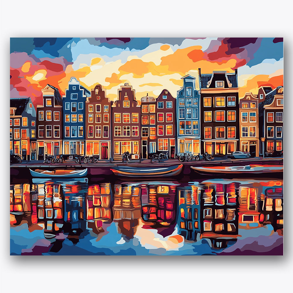Paint by numbers design of canal houses, water reflections, vivid sunset sky, colorful building facades