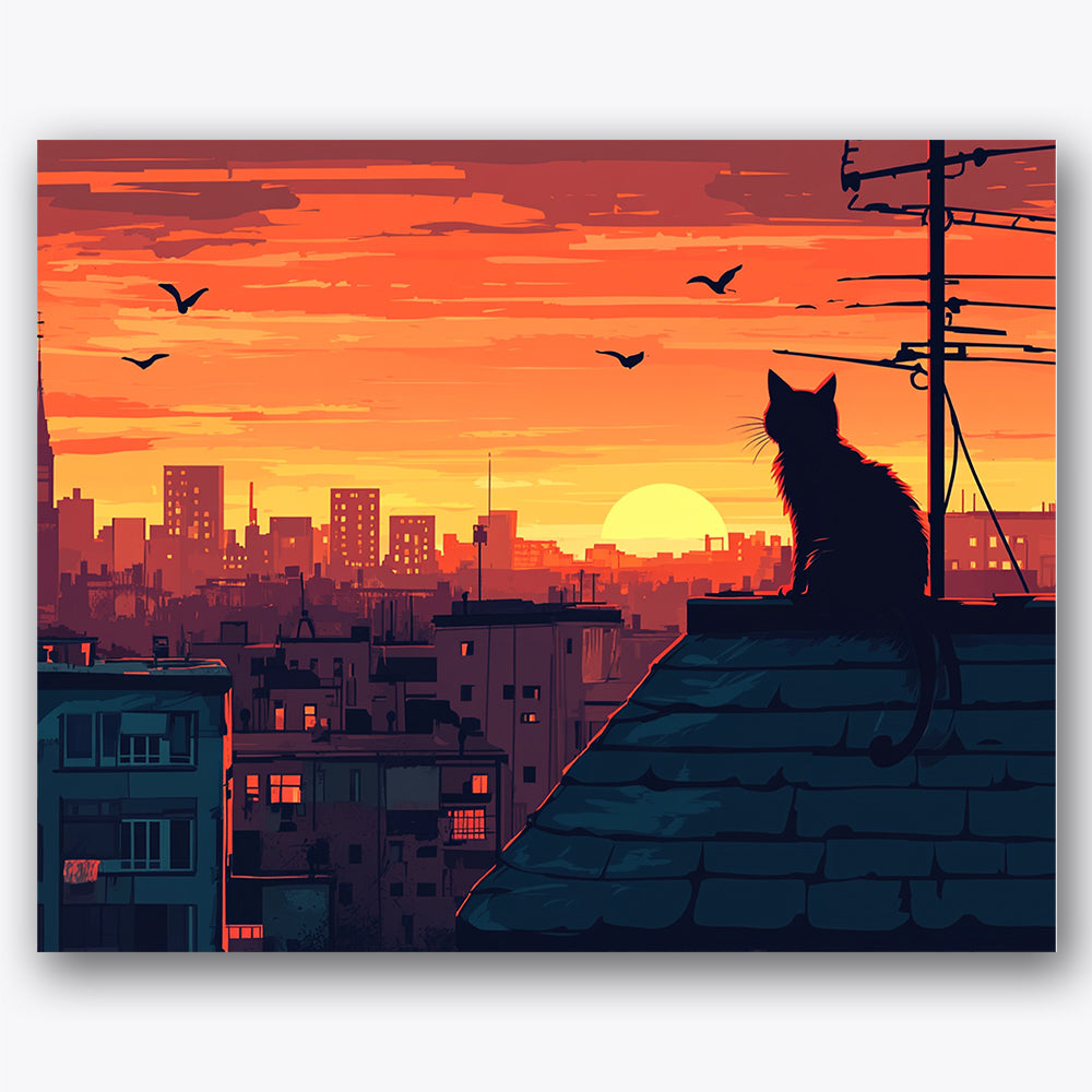 Paint by numbers design of cat, city skyline, silhouetted cat, vibrant sunset, A lone cat sits upon a rooftop