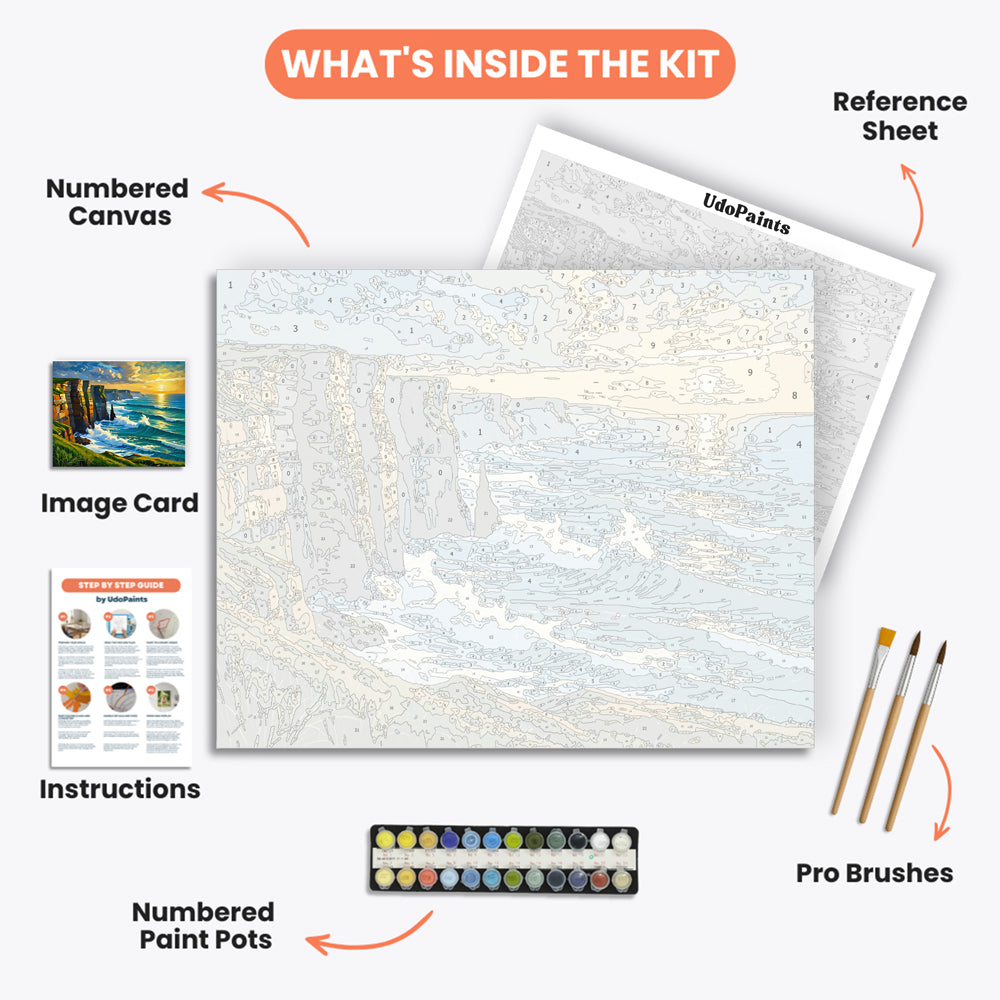 Sunset Cliff Waves Paint by Numbers Kit – includes numbered canvas, paint pots, brushes, and instructions
