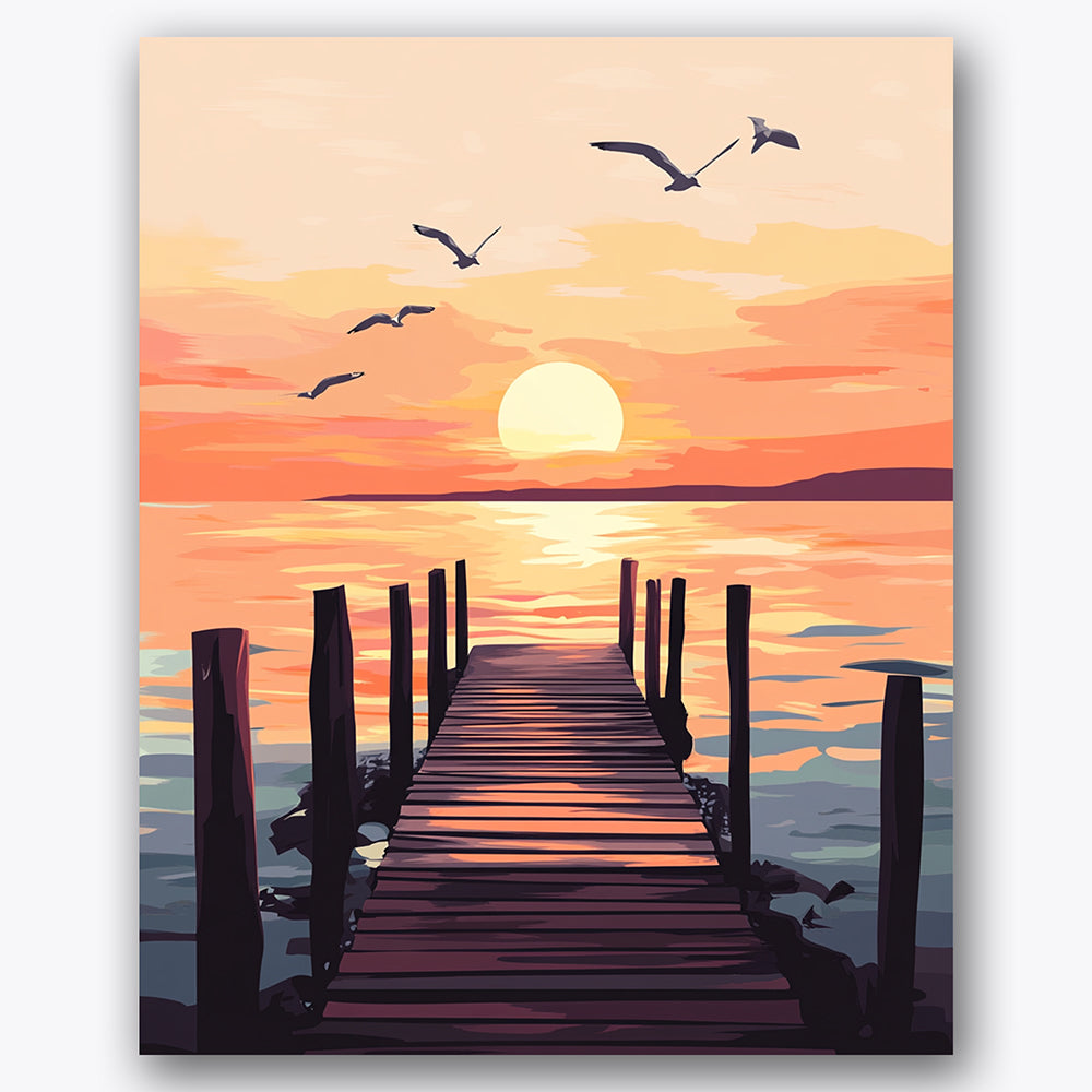 Paint by numbers design of dock, seagulls, sunlit wooden dock, vibrant sunset sky