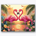 Paint by numbers design of flamingos, tropical foliage, flamingos facing each other, vibrant sunset sky