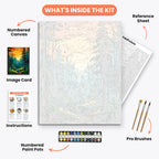 Sunset Forest Paint by Numbers Kit – includes numbered canvas, paint pots, brushes, and instructions