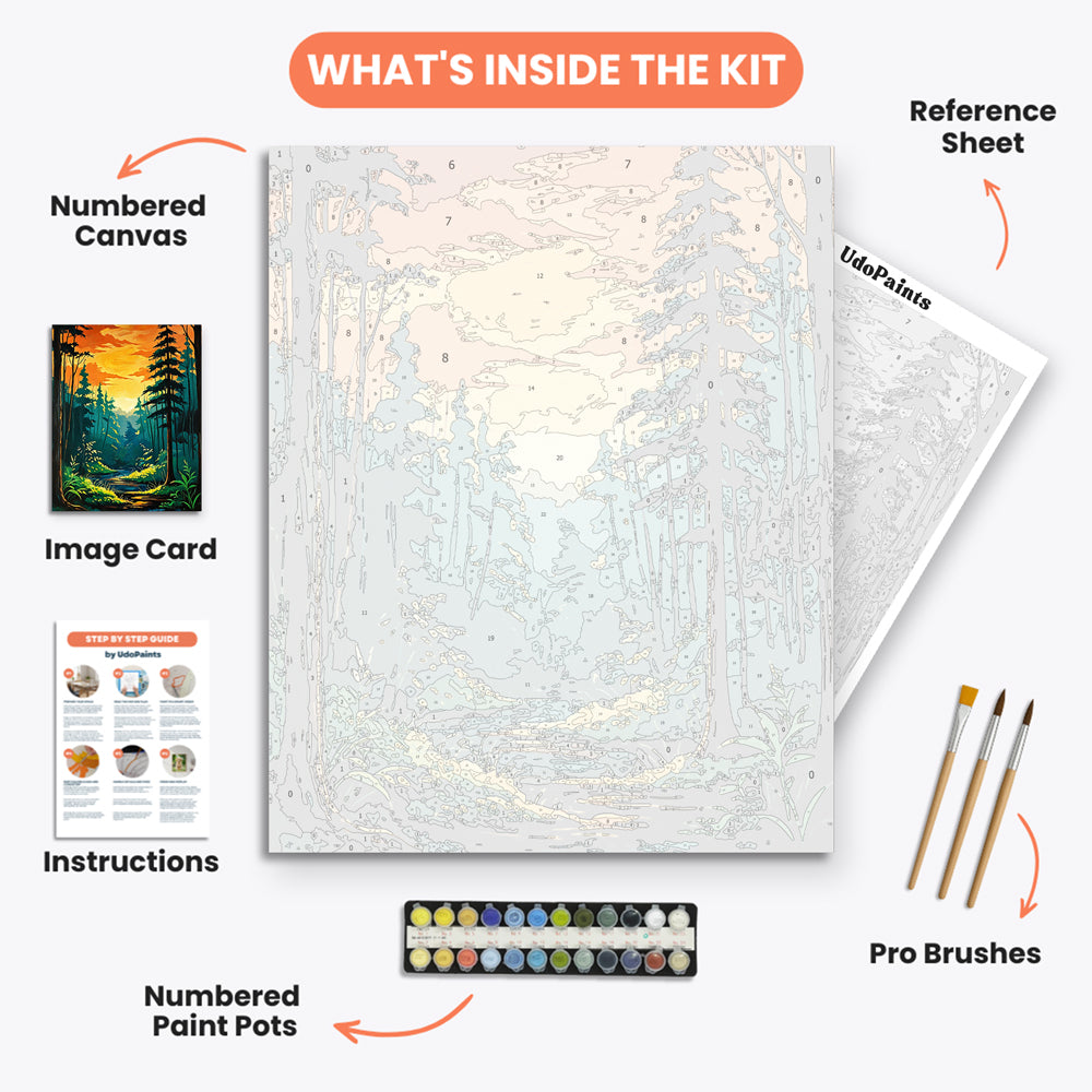 Sunset Forest Paint by Numbers Kit – includes numbered canvas, paint pots, brushes, and instructions