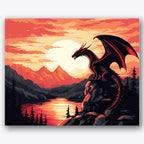 Paint by numbers design of dragon, sunset, dragon on cliff, fiery sunset, A dragon perches on a cliff