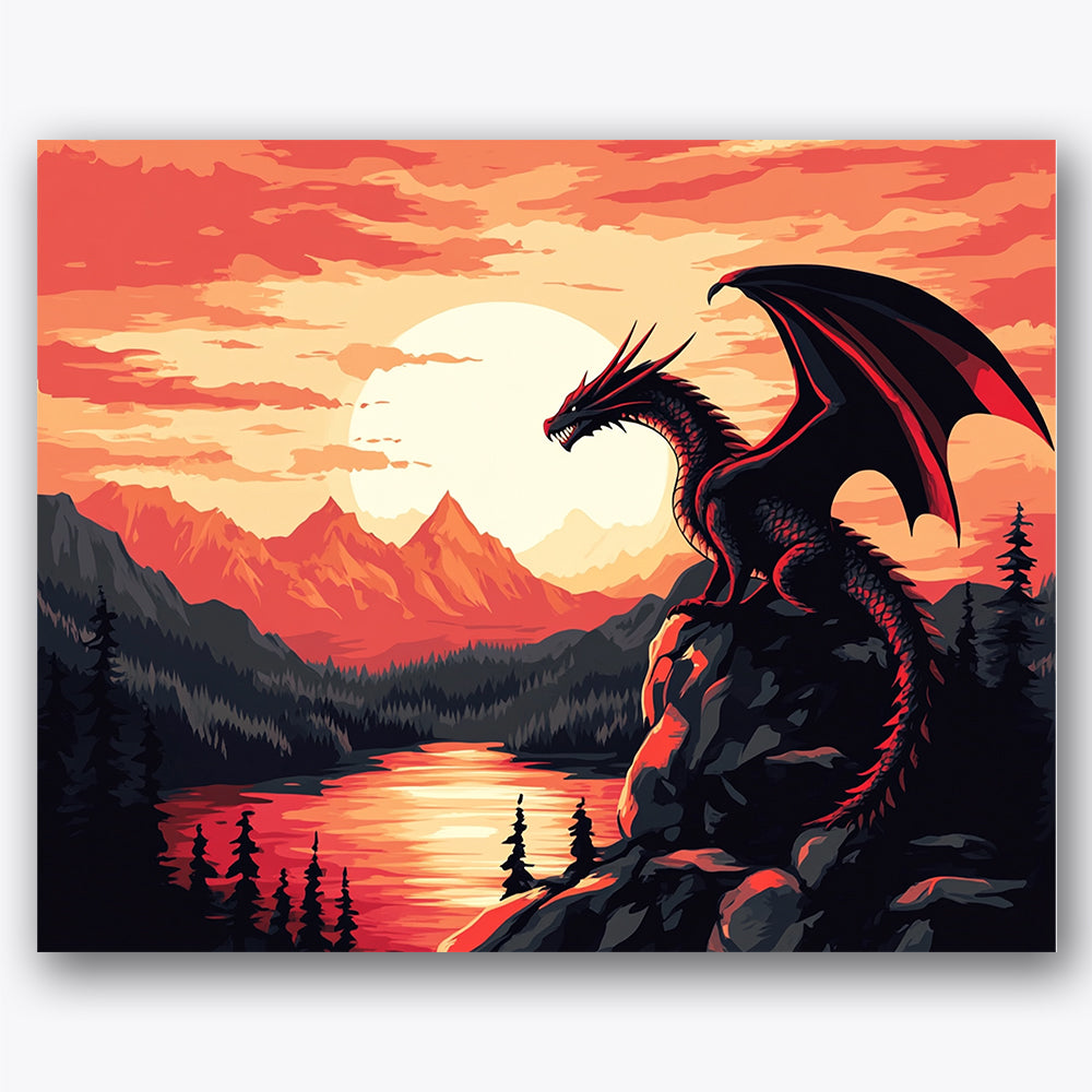 Paint by numbers design of dragon, sunset, dragon on cliff, fiery sunset, A dragon perches on a cliff