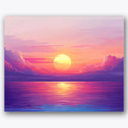 Paint by numbers design of sunset, ocean, large round sun, magenta clouds