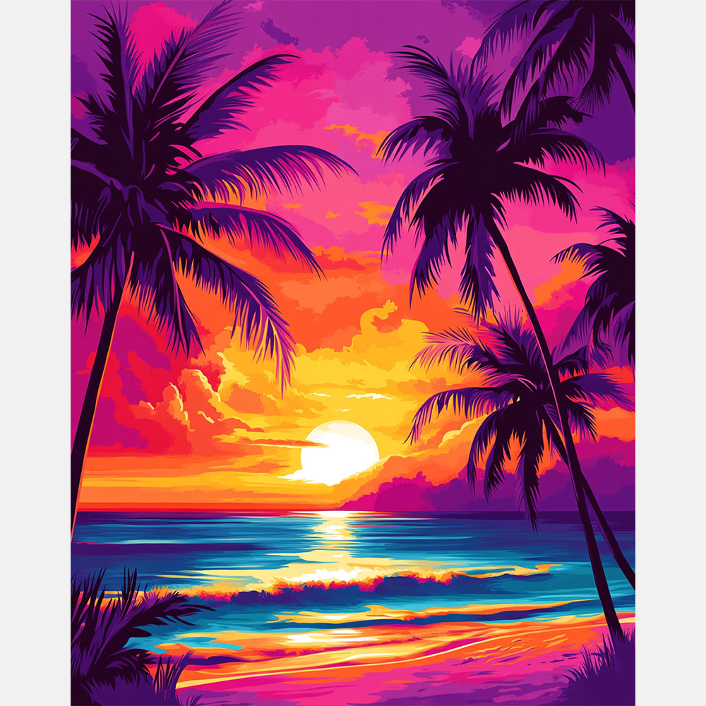 Sunset Island Palms Paint by Numbers Kit design preview showing the full artwork layout before painting