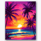 Paint by numbers design of palm trees, sunset, vivid sunset sky, palm tree silhouettes