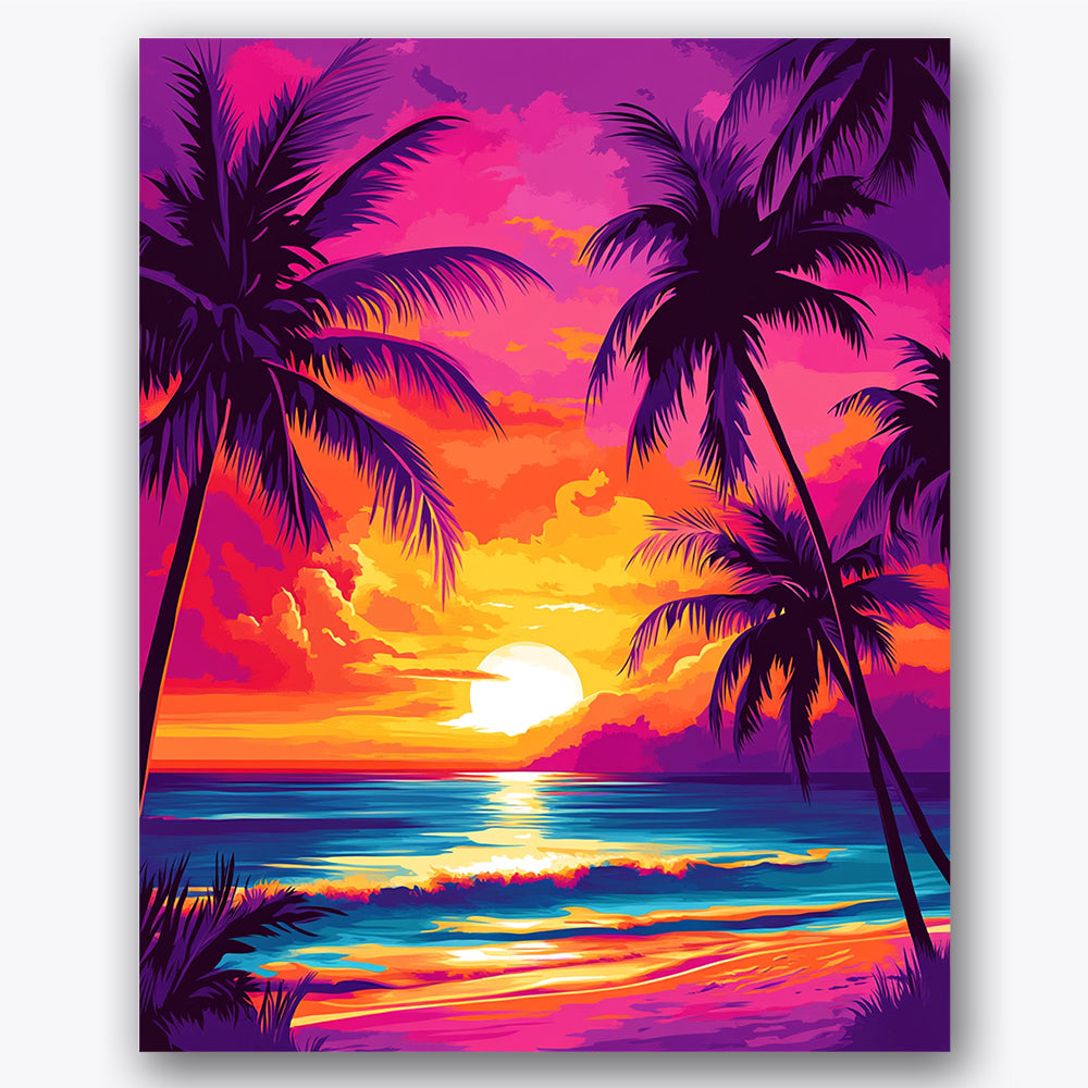 Paint by numbers design of palm trees, sunset, vivid sunset sky, palm tree silhouettes
