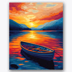 Paint by numbers design of boat, sunset, vivid sunset sky, mountain silhouette