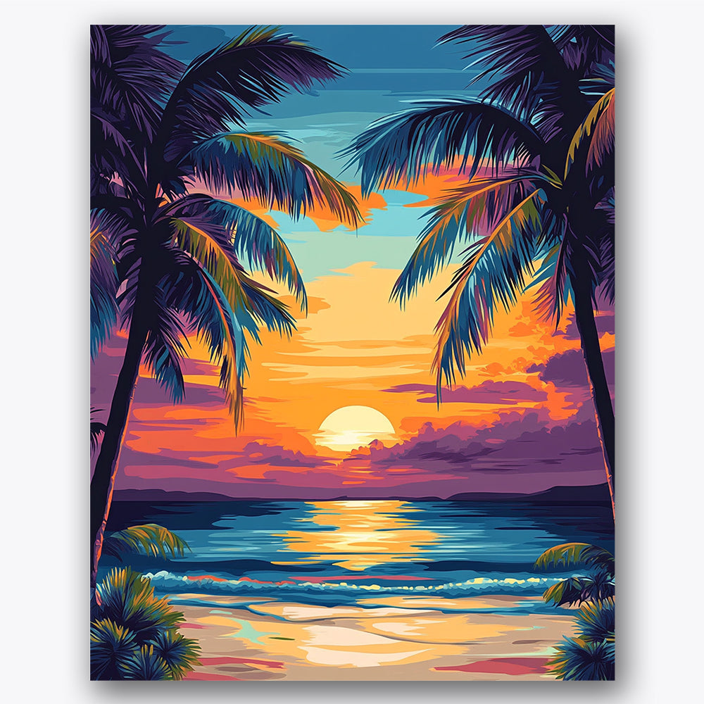 Paint by numbers design of palm trees, ocean waves, vibrant sunset sky, tall silhouetted palms
