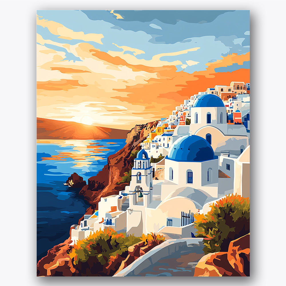 Paint by numbers design of Santorini village, Aegean sunset, blue domed buildings, sunset hues in sky