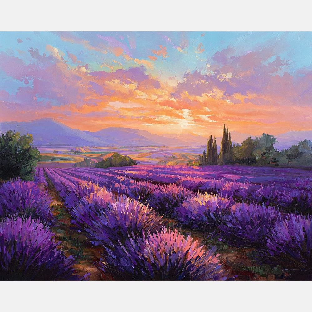 Sunset Over Lavender Paint by Numbers Kit design preview showing the full artwork layout before painting