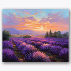 Paint by numbers design of lavender fields, sunset, vibrant purple flowers, glowing sunset sky