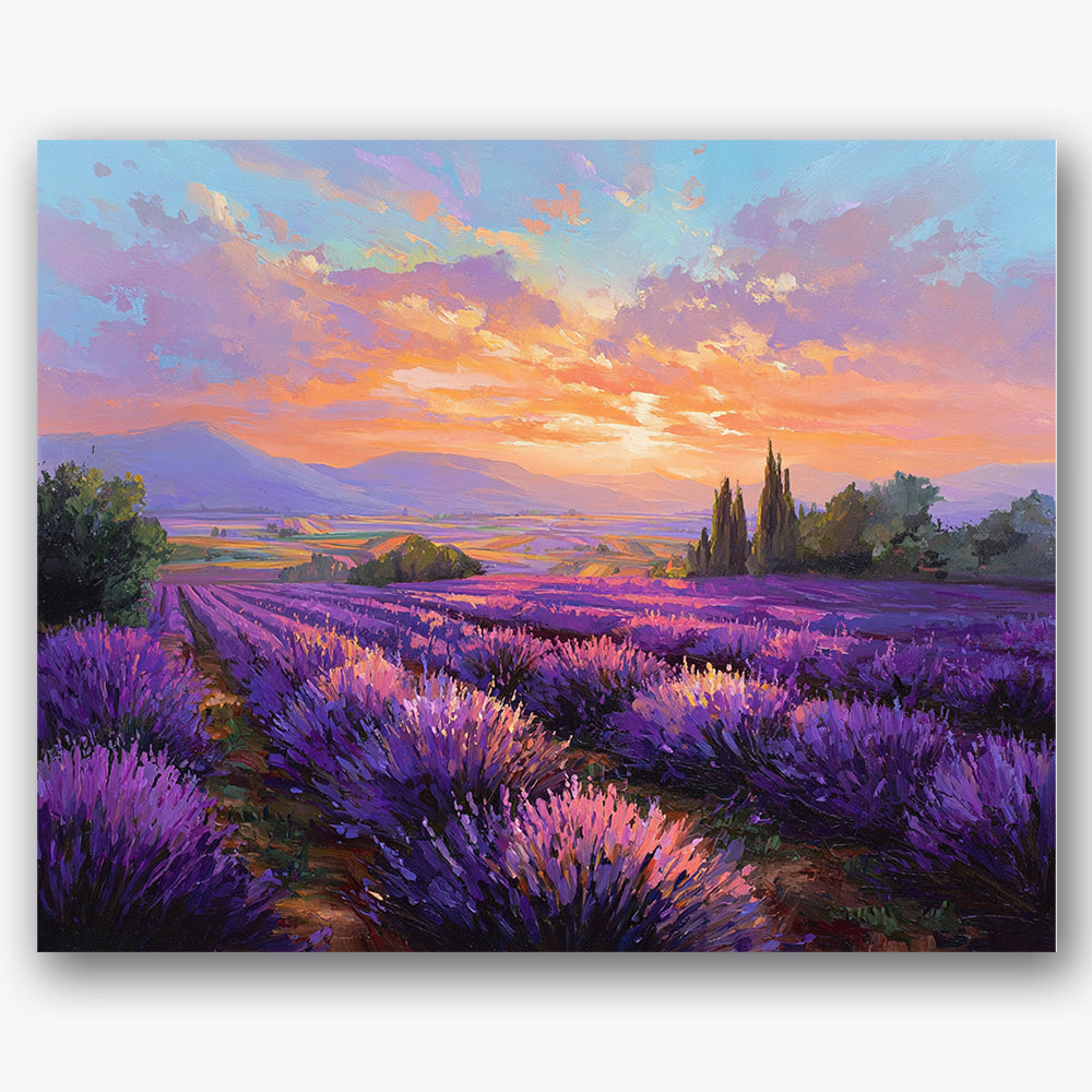 Paint by numbers design of lavender fields, sunset, vibrant purple flowers, glowing sunset sky