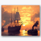 Paint by numbers design of sailing ship, steam tugboat, grand sailing ship, bright orange sunset