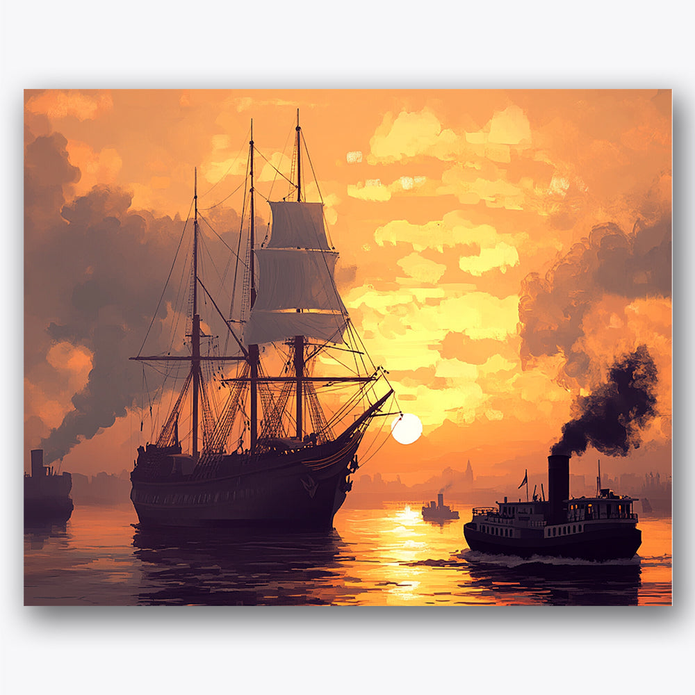 Paint by numbers design of sailing ship, steam tugboat, grand sailing ship, bright orange sunset