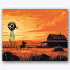 Paint by numbers design of cowboy, windmill, silhouetted cowboy, orange sky