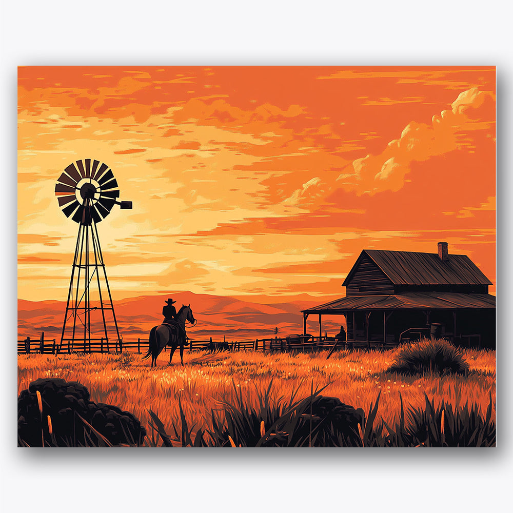 Paint by numbers design of cowboy, windmill, silhouetted cowboy, orange sky