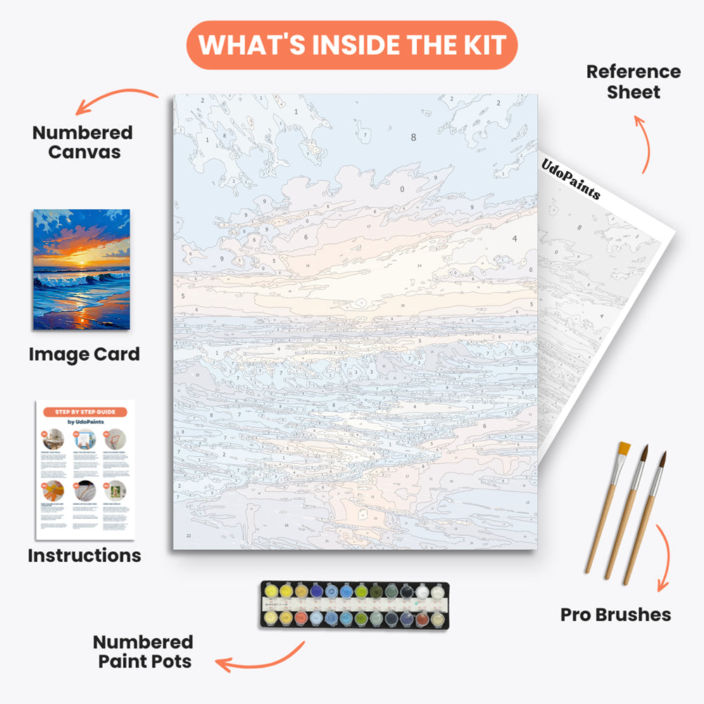 Sunset Serenity Paint by Numbers Kit – includes numbered canvas, paint pots, brushes, and instructions