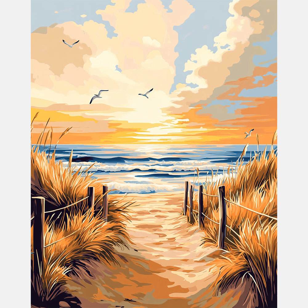 Sunset Shore Path Paint by Numbers Kit design preview showing the full artwork layout before painting