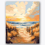 Paint by numbers design of beach path, seagulls, golden grasses, vivid sunset tones