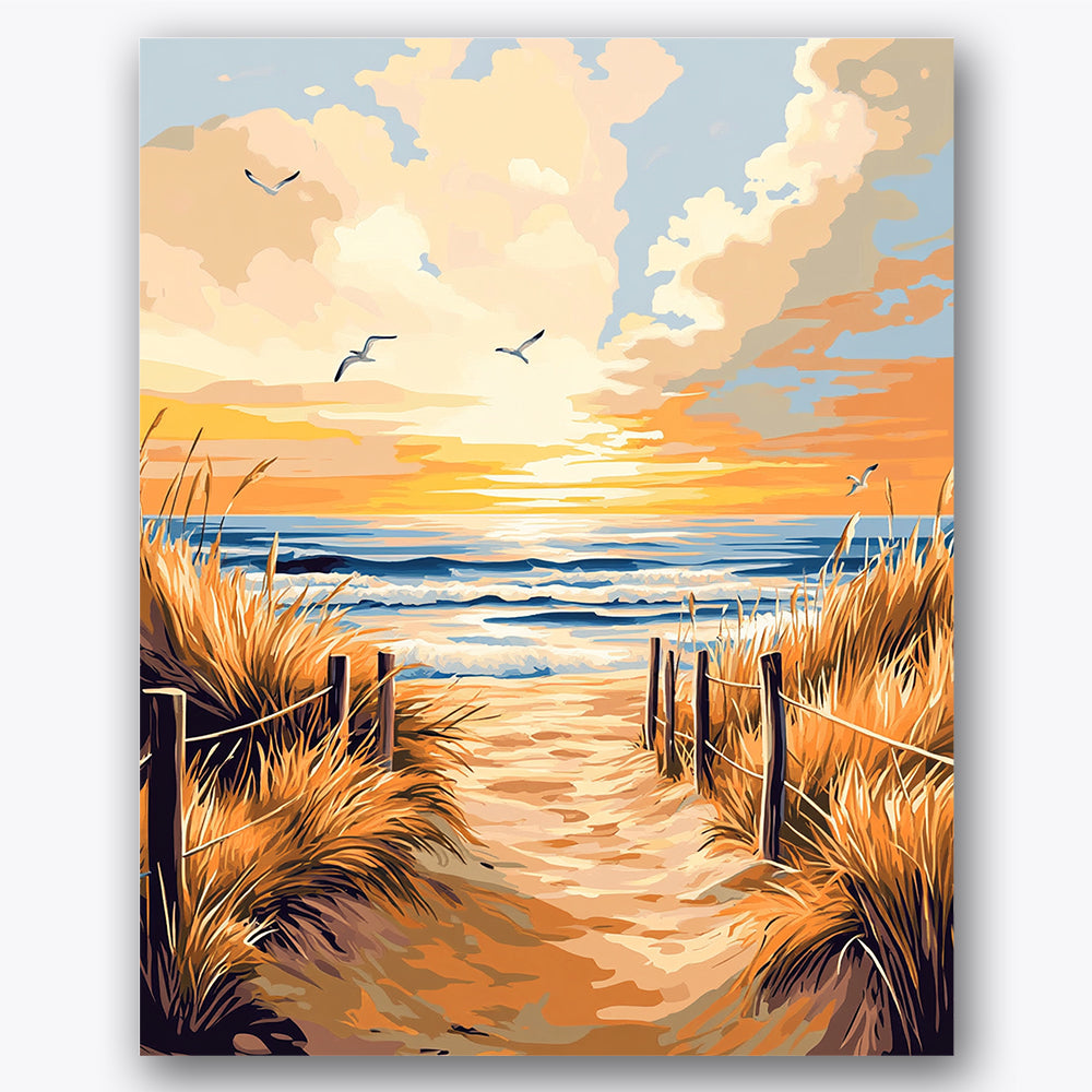 Paint by numbers design of beach path, seagulls, golden grasses, vivid sunset tones