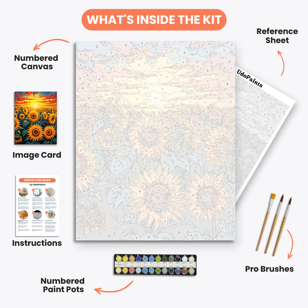 Sunset Sunflowers Paint by Numbers Kit – includes numbered canvas, paint pots, brushes, and instructions