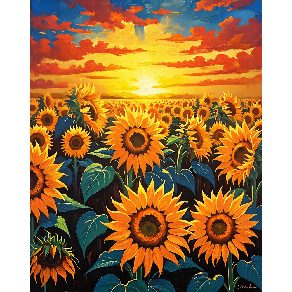 Sunset Sunflowers Paint by Numbers Kit design preview showing the full artwork layout before painting