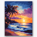 Paint by numbers design of ocean waves, palm trees, vibrant orange sunset, silhouetted palm trees