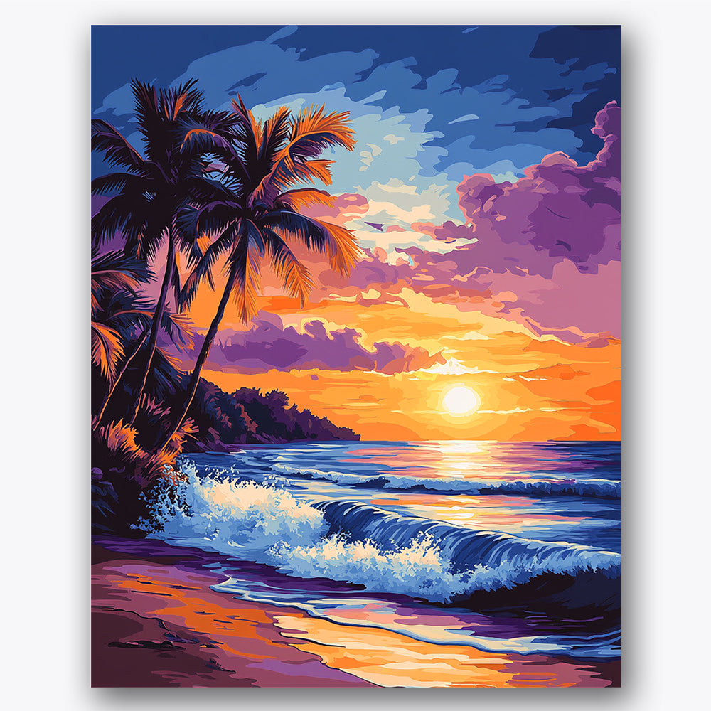 Paint by numbers design of ocean waves, palm trees, vibrant orange sunset, silhouetted palm trees